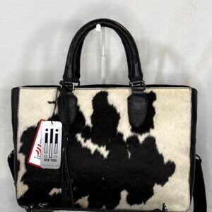 Black Cow Print Haircalf Leather Triple Compartment Satchel, Crossbody Strap NWT